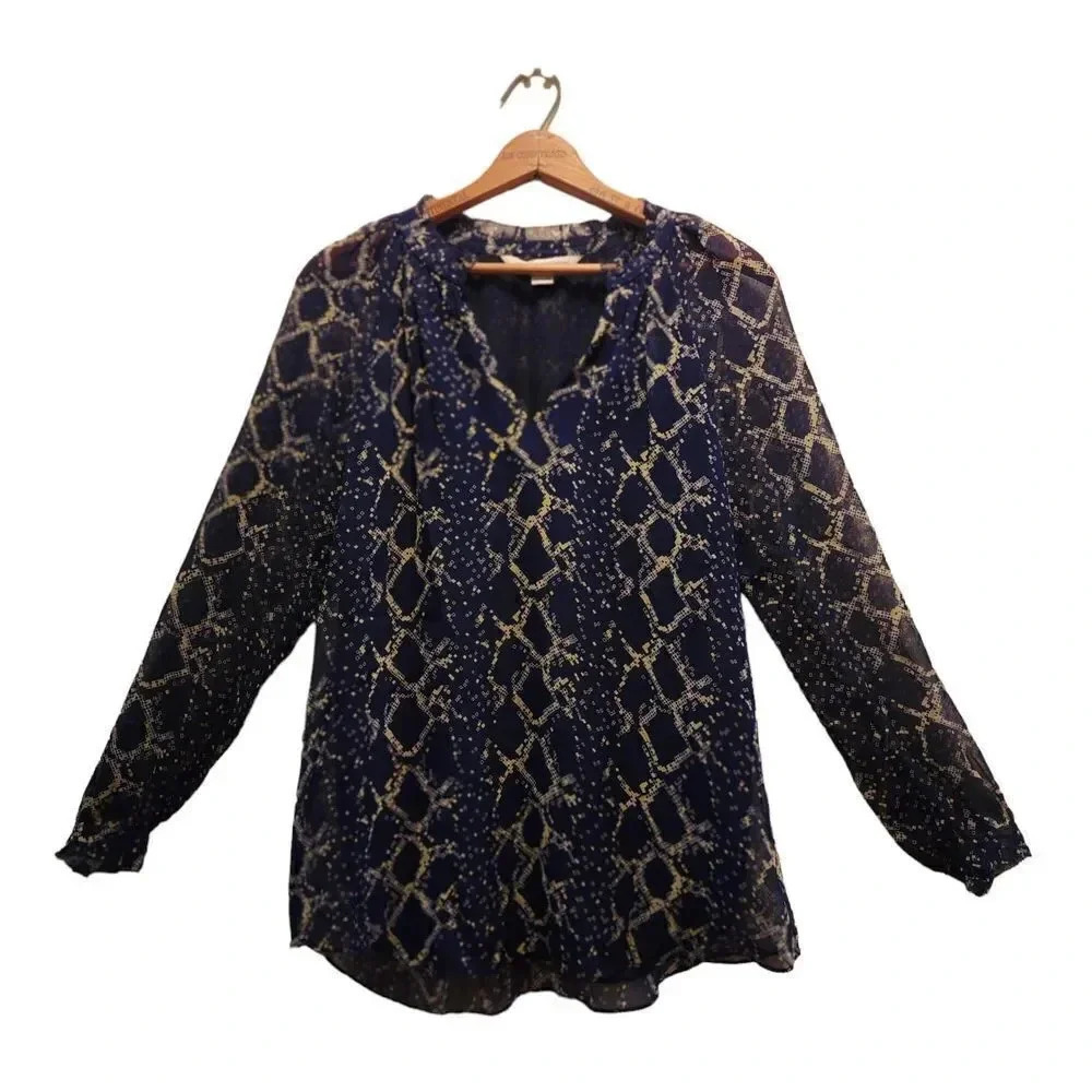 Diane Von Furstenberg Blouse Top Womens Size 0 Navy Blue Leysa Silk Long Sleeve
